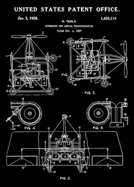 Vetor nikola tesla patente dos eua 1655114 aparelho de transporte aéreo