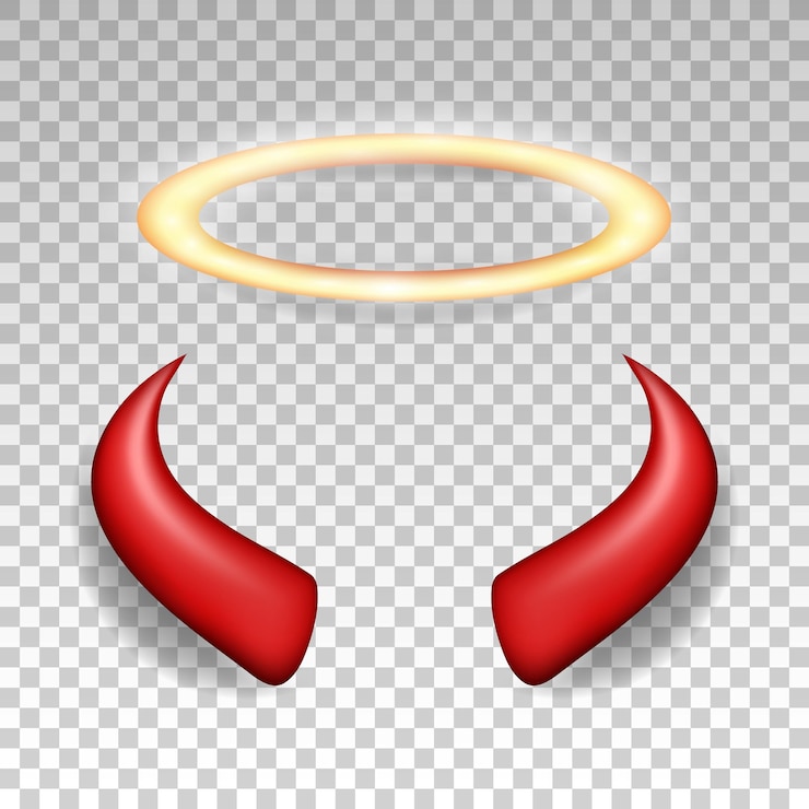 Vetor nimbo dourado brilhante tridimensional e chifres de diabo vermelho. chifres de demônio brilhante e halo, anel de anjo