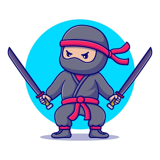 Vetor ninja bonito com ilustração de desenho animado vetorial de duas espadas