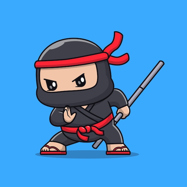 Vetor ninja bonito segurando vara ícone do vetor dos desenhos animados ilustração conceito de ícone de férias de pessoas isolado plano