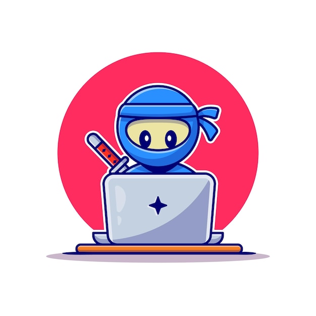 Ninja bonito trabalhando na ilustração do ícone do vetor dos desenhos animados do laptop. conceito de ícone de tecnologia de pessoas. estilo flat cartoon