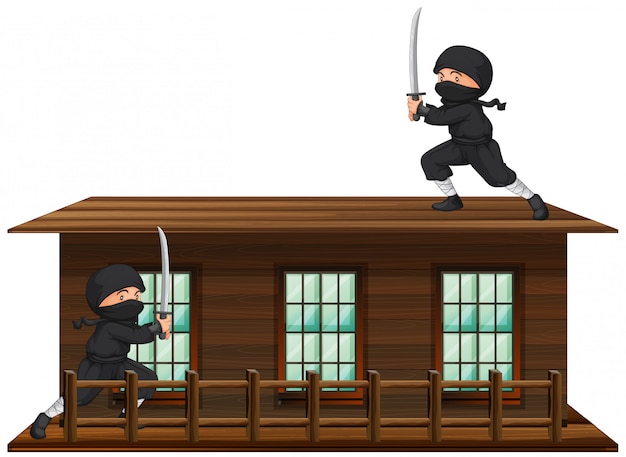 Ninja com espada no telhado