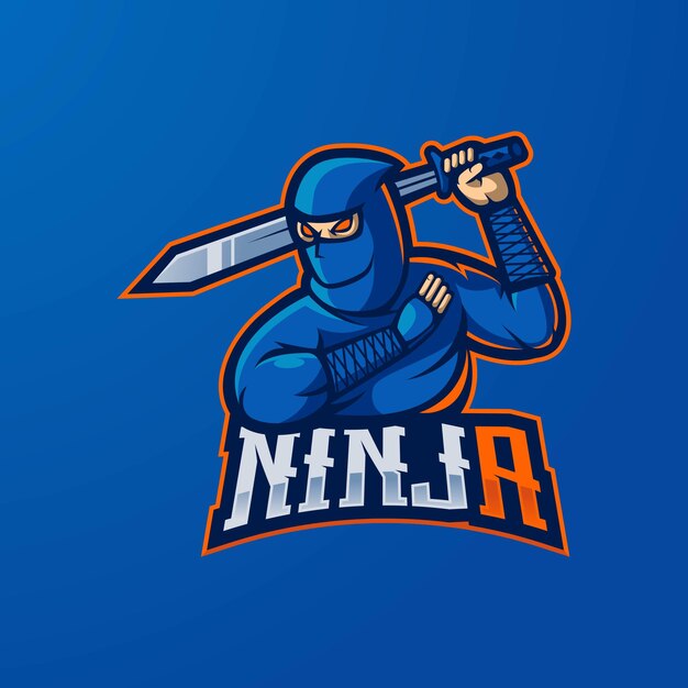Ninja com espada, vetor de design de logotipo de mascote para esportes ou jogos