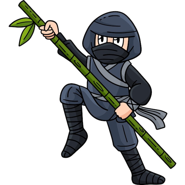 Ninja com um poste de bambu clipart colorido de desenho animado