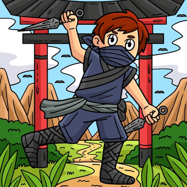 Vetor ninja com uma ilustração de desenho animado colorido kunai