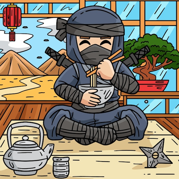 Vetor ninja comendo ramen ilustração de desenho animado colorido