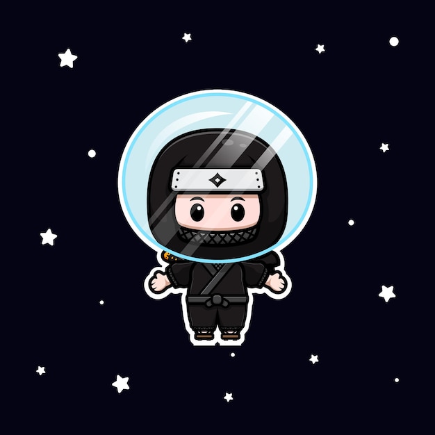 Ninja fofo flutuando na ilustração do ícone do mascote do espaço