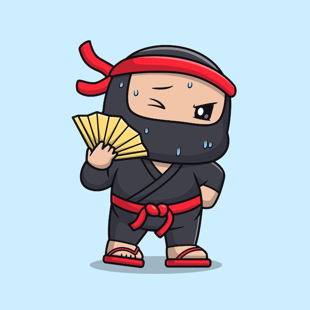 Vetor ninja fofo sufocantemente quente com ilustração de ícone de vetor de desenho animado de ventilador portátil pessoas apartamento de férias