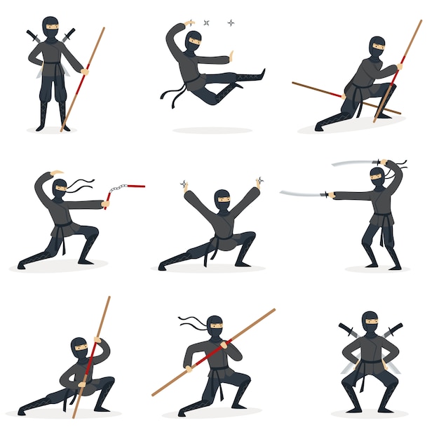 Ninja japonês assassino em traje preto completo realizando ninjitsu artes marciais posturas com armas diferentes conjunto de ilustrações.