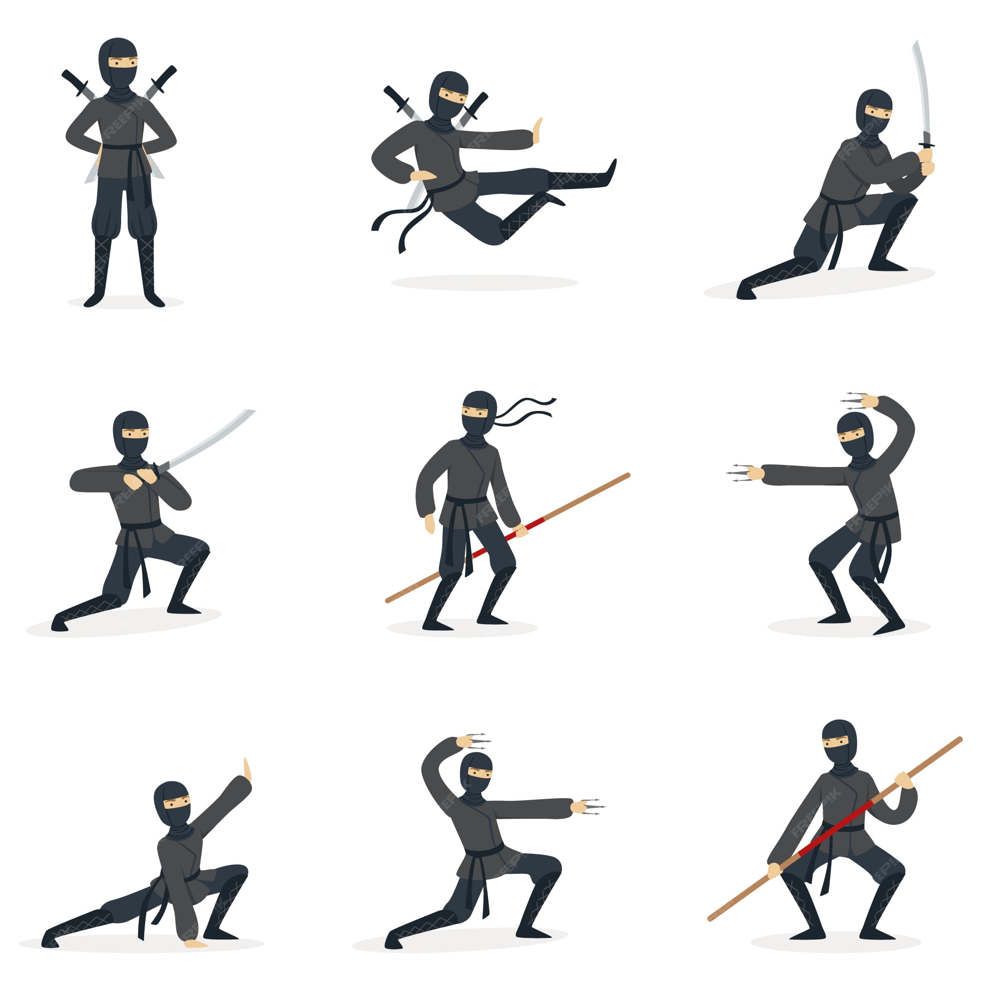 Vetores de Ninja Bonito Desenho Animado Guerreiro Japonês Com Espada Em  Diferentes Poses Assassino De Camuflagem Preta Ataca Com Katana Ou Joga  Shuriken Lutador Asiático Discreto Assassinos De Vetores Definidos e mais