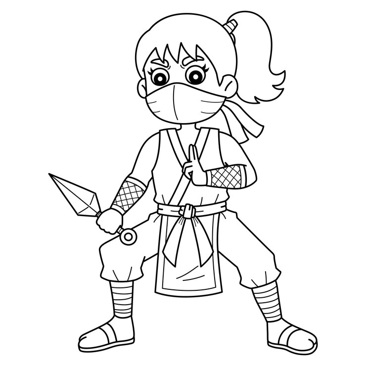 Vetor ninja kunoichi com kunai isolado página de colorir