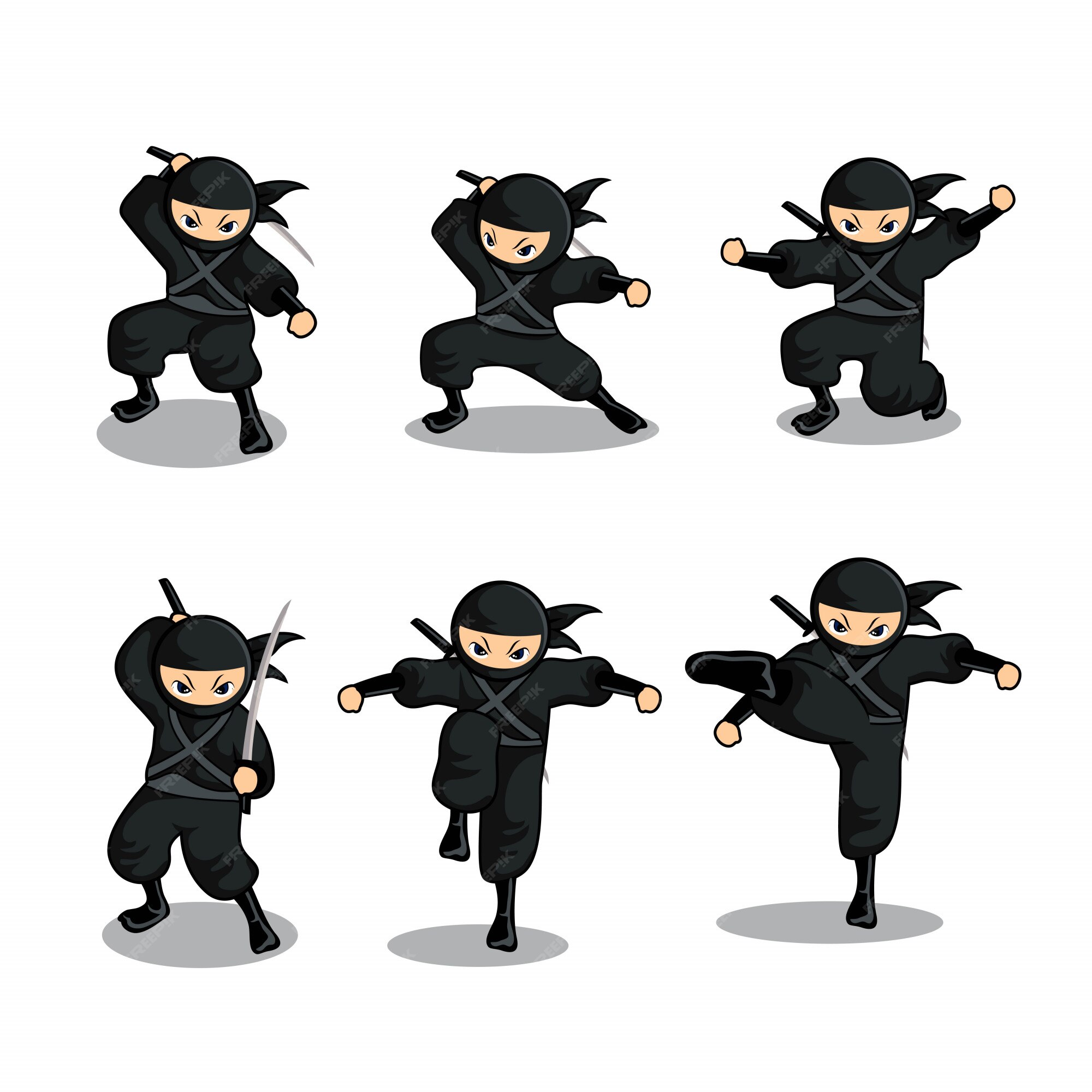 ninja de desenho animado preto define 12 com seis poses diferentes 3381499  Vetor no Vecteezy