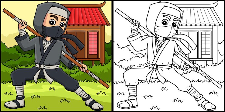 Vetor ninja segurando um bastão ilustração de página de colorir