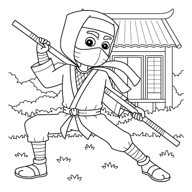 Vetor ninja segurando um bastão isolado página de colorir