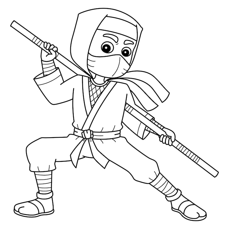 Vetor ninja segurando um bastão isolado página de colorir