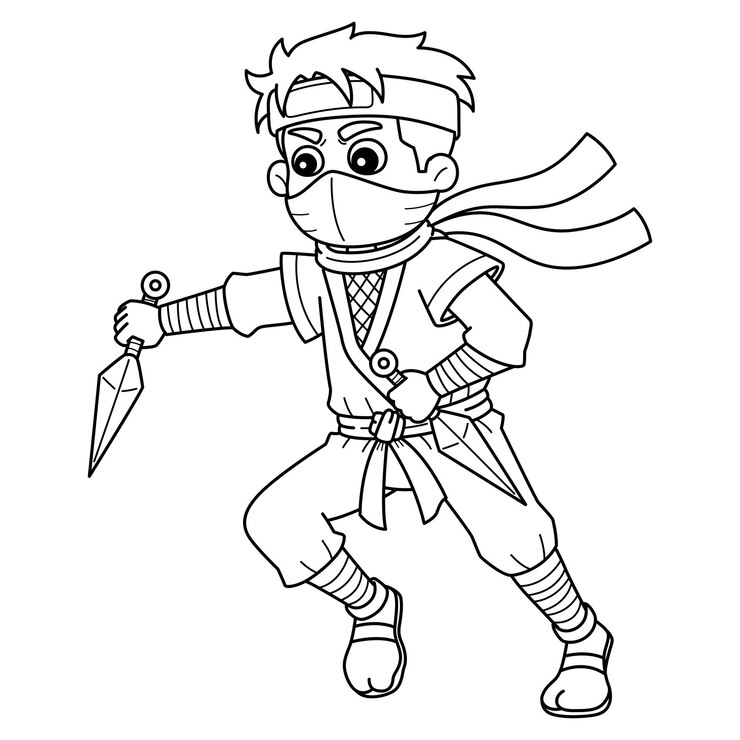 Vetor ninja segurando um kunai isolado página de colorir