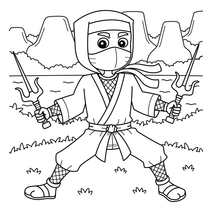 Vetor ninja segurando um sai gêmeo isolado página de colorir