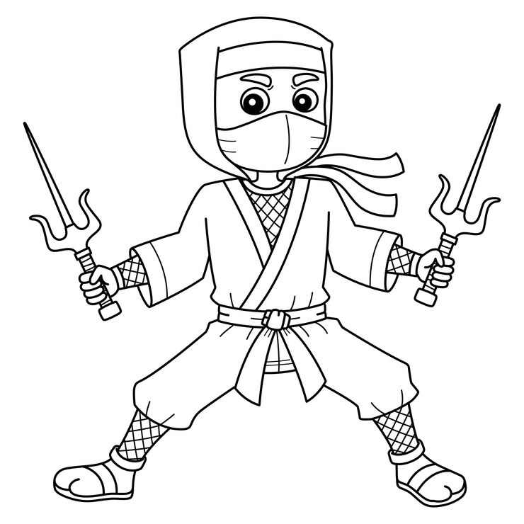 Vetor ninja segurando um sai gêmeo isolado página de colorir