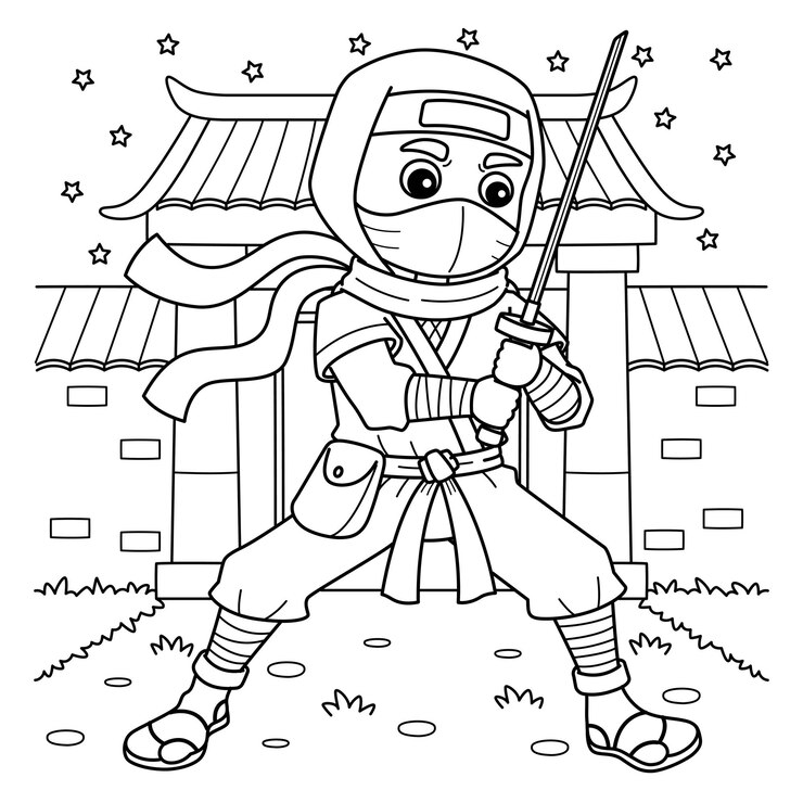 Vetor ninja segurando uma katana isolado página de colorir