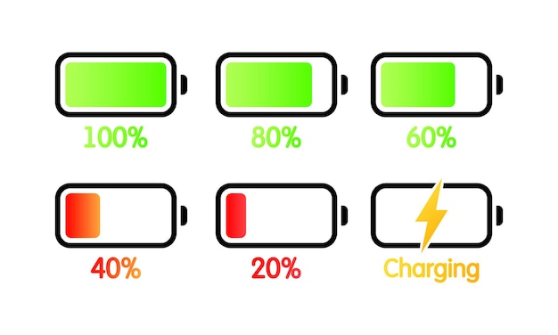 Vetor nível da bateria ícones vetoriais de nível de carga da bateria de cor plana
