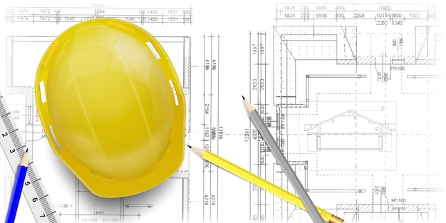 Nível de calculadora de capacete amarelo e desenhos de projeto