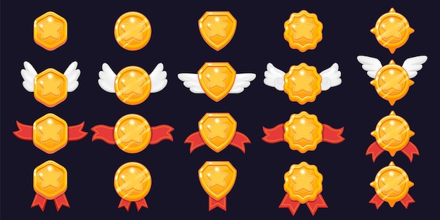 Nível de estrela do jogo ativo de jogo 2d dos desenhos animados do prêmio de vitória e ganhe medalhas com estrelas brilhantes coloridas classificam a classificação e aumentam os elementos de interface conjunto isolado de vetor