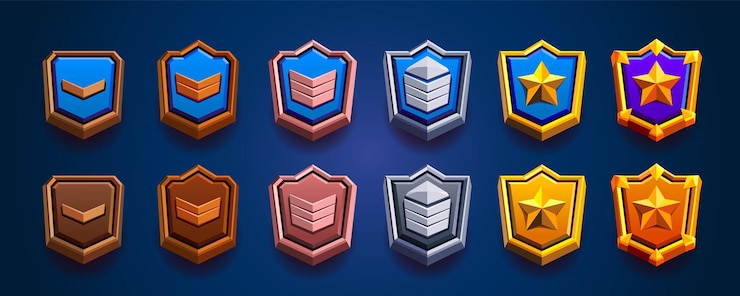 Vetor nível de jogo classificação insígnias metálicas coleção estilo 3d ouro prata e bronze clash royale estilo