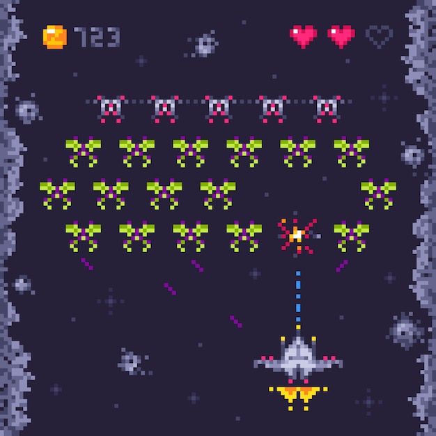 Estilo de arte pixel antigo ufo jogo de guerra espacial. monstros de pixel  e nave espacial. jogo retro, 8 bits