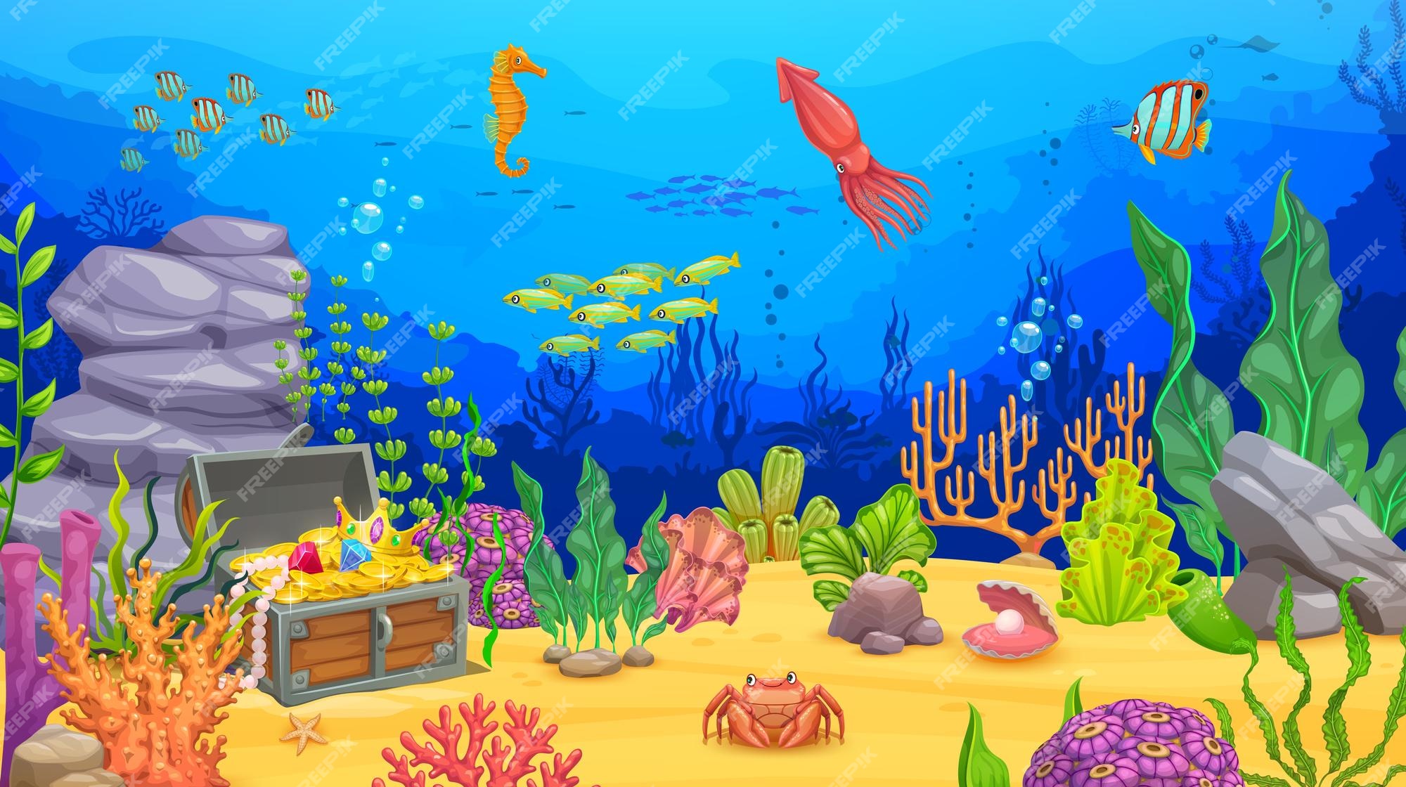 Nível de jogo de mar de paisagem subaquática de desenho animado com animais  de algas e fundo de vetor de baú de tesouro aventura oceânica e nível de  jogo mundial de recife de coral com paisagem de mar peixes lulas e  caranguejos