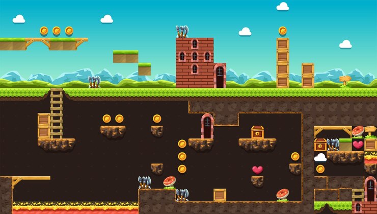 Nível de videogame com vista lateral de elementos