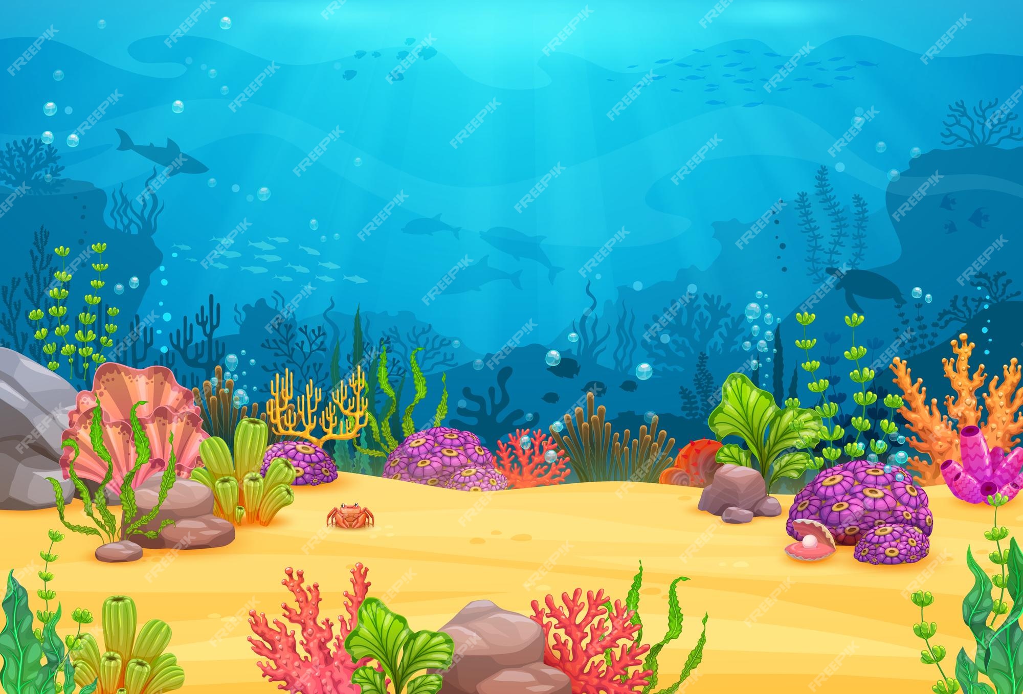 Nível de jogo de mar de paisagem subaquática de desenho animado com animais  de algas e fundo de vetor de baú de tesouro aventura oceânica e nível de  jogo mundial de recife de coral com paisagem de mar peixes lulas e  caranguejos