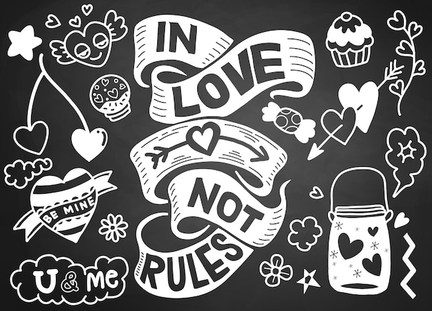 No amor não regra, fundo de rabiscos de amor, conjunto de desenhos animados de rabiscos desenhados à mão esboçados de objetos e símbolos de amor e dia dos namorados
