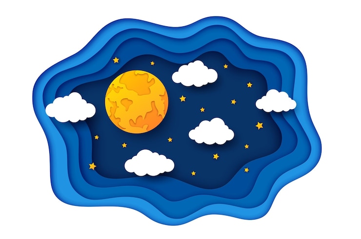 Vetor no céu da noite, a lua corta estrelas e nuvens de papel.