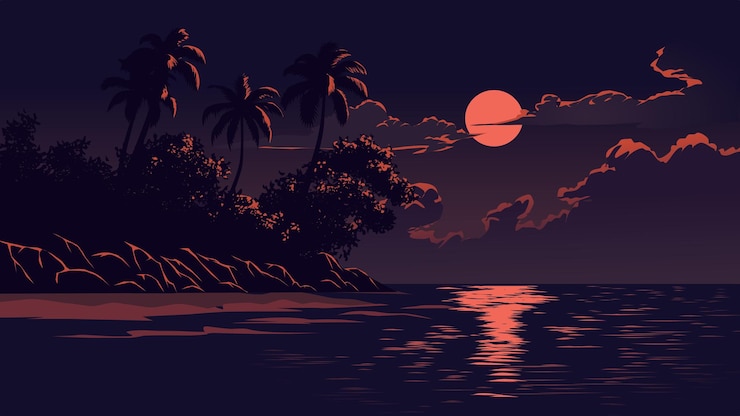 Vetor noite calma pacífica na praia com lua cheia
