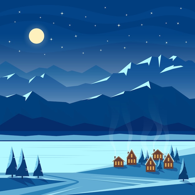Noite de inverno neve paisagem com lua, montanhas, colinas, pinheiros, aconchegantes casas com janelas iluminadas, rio, lago. natal e ano novo acolhedor. ilustração plana.