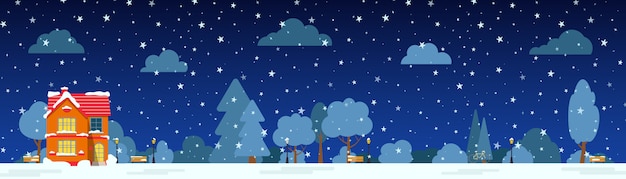Noite de inverno rua com casa, árvores do parque de neve, nuvens de bush, cartão dos desenhos animados plana. feliz natal e feliz ano novo banner horizontal panorâmica. paisagem urbana