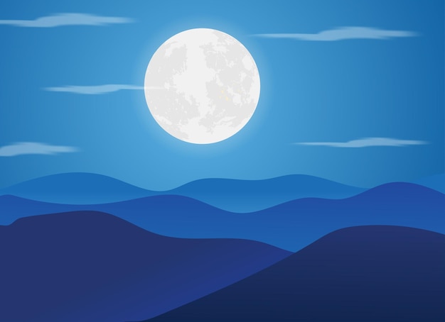 Noite de lua cheia com ilustração vetorial de vista para a montanha