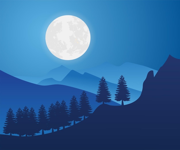 Noite de lua cheia com ilustração vetorial de vista para a montanha