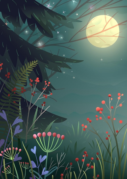 Vetor noite de lua cheia, fundo de floresta de pinheiros de contos de fadas