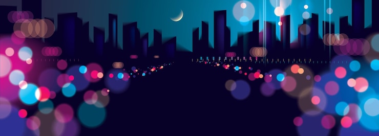 Vetor noite de luz panorâmica ampla na cidade, luzes de fundo abstrato bokeh turva. fundo bonito do vetor do efeito. desfocar o fundo escuro colorido com paisagem urbana, skyline de silhuetas de edifícios.