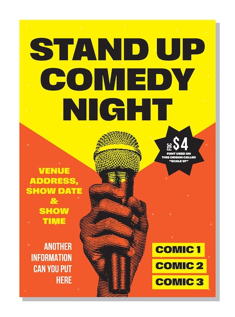 Vetor noite de microfone aberto ou stand up comedy show cartaz folheto ou banner modelo vetorial de design com microfone