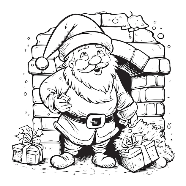 Vetor noite de natal engraçado papai noel com seu saco de presentes olhando para fora de uma antiga lareira