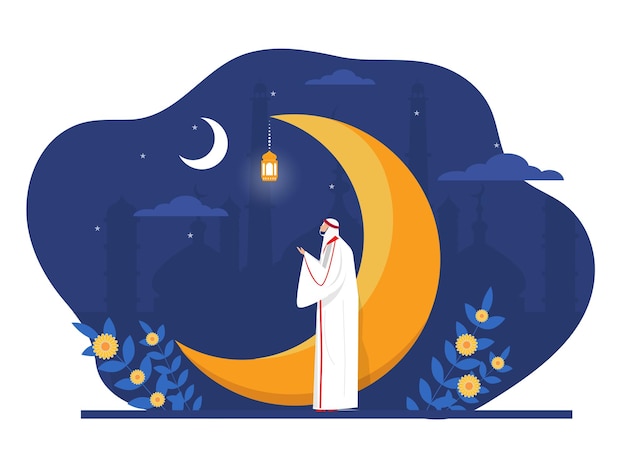Noite do Ramadã com o homem árabe muçulmano reza do Islã ilustração plana fundo da mesquita tradicional