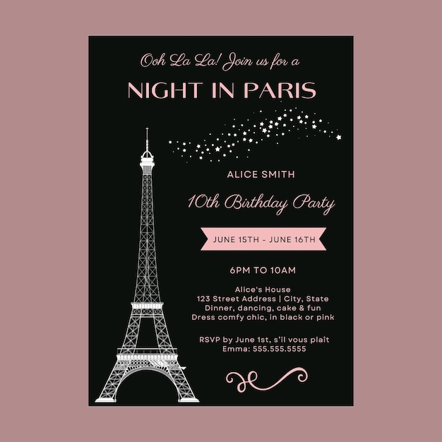 Noite em Paris Torre Eiffel convite de aniversário