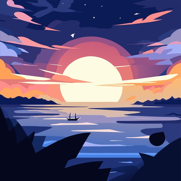 Vetor noite lago retro pôr-do-sol paisagem cenário desenhado à mão plano elegante adesivo de desenho animado conceito de ícone