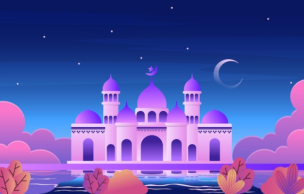 Vetor noite mesquita ramadan kareem eid mubarak cartão de comemoração islâmica islâmica