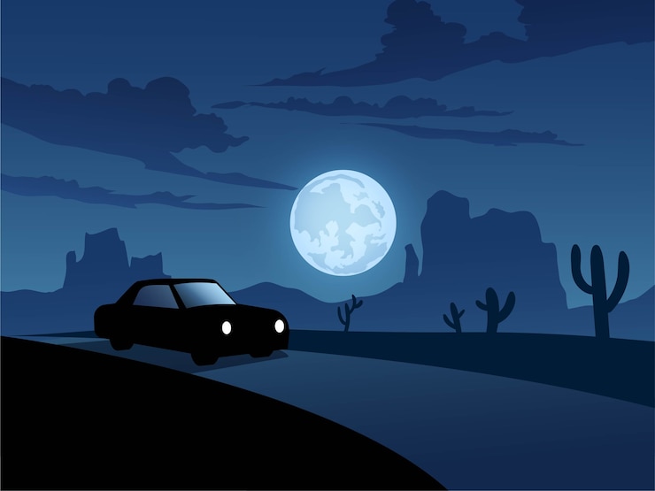 Vetor noite no deserto com estrada e carro
