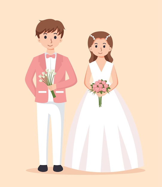 Noiva de vestido branco e noivo de terno ilustração vetorial de casamento de casal