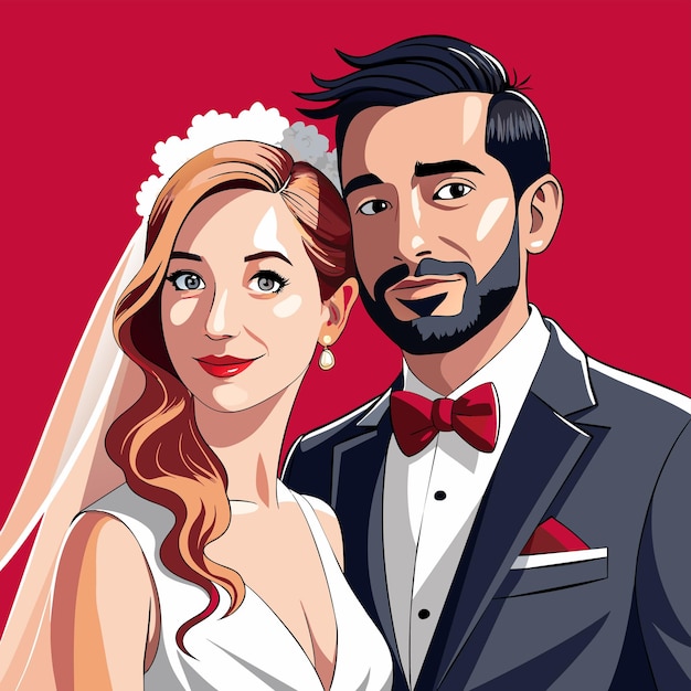 Vetor noiva e noivo amor casal desenhado à mão plano elegante adesivo de desenho animado conceito de ícone isolado