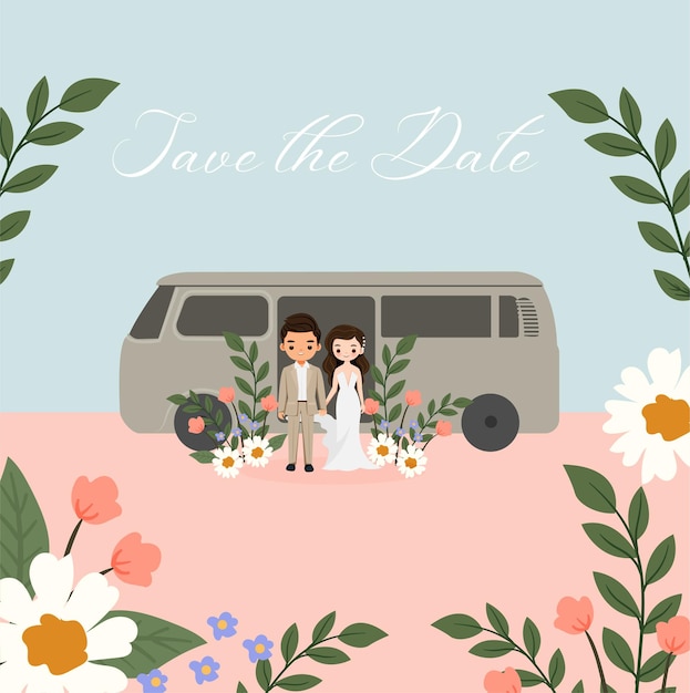 Vetor noiva e noivo fofos com o carro para design de cartão de convite de casamento